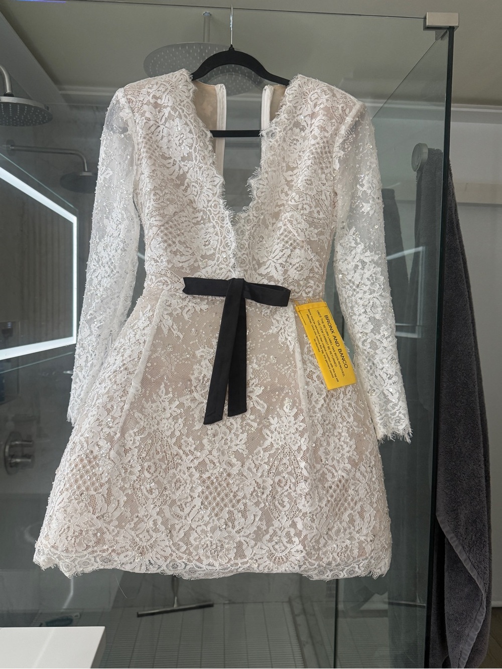 Bronx and Banco White Lace Long-Sleeve Mini Dress with Black Ribbon